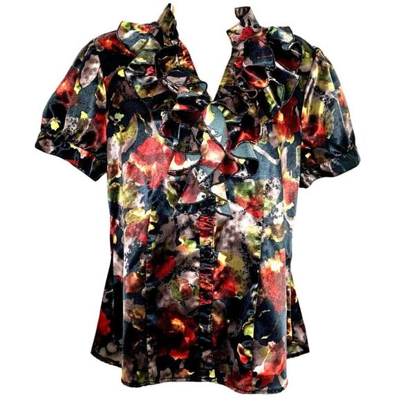 Harve' Bernard Black Floral Multi Color Short Sleeve Blouse Size M - Picture 1 of 6